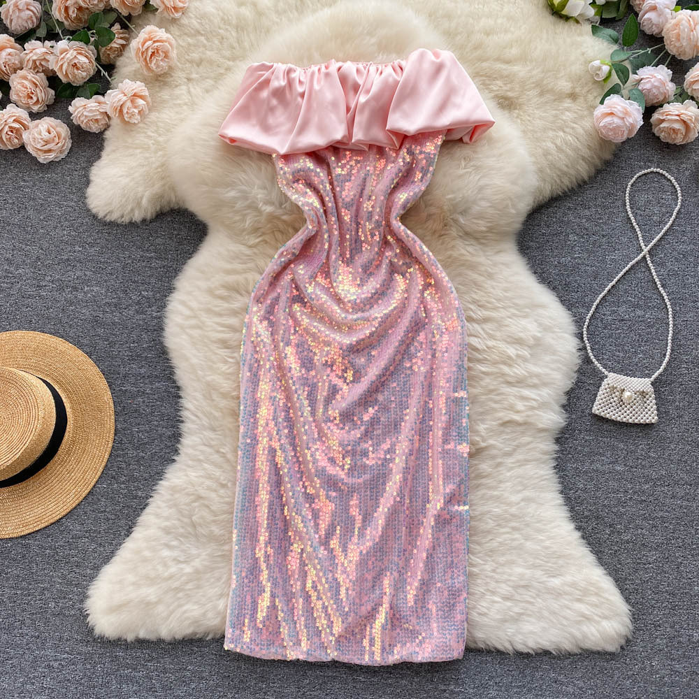 Ruffle Sequin Off Shoulder Strapless Hip Wrap Dress
