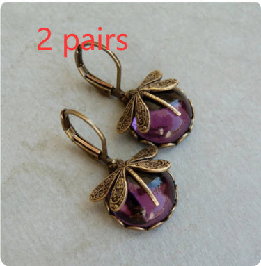Vintage Dragonfly Earrings Fashion Gold Color Metal Carving Pattern Inlaid Multicolour Moonstone Drop Earrings For Women