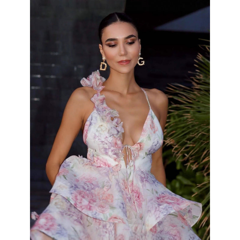 Women's Floral Halter Spaghetti Straps Jumpsuit Skirt