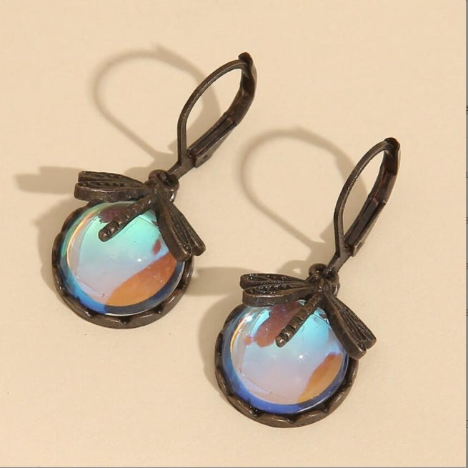 Vintage Dragonfly Earrings Fashion Gold Color Metal Carving Pattern Inlaid Multicolour Moonstone Drop Earrings For Women