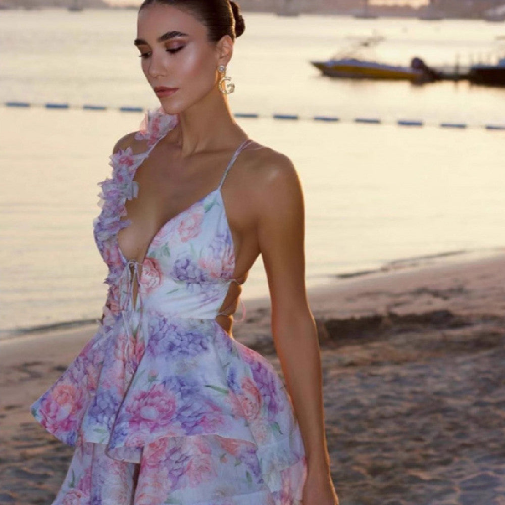 Women's Floral Halter Spaghetti Straps Jumpsuit Skirt