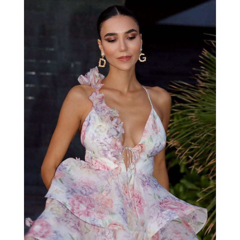 Women's Floral Halter Spaghetti Straps Jumpsuit Skirt