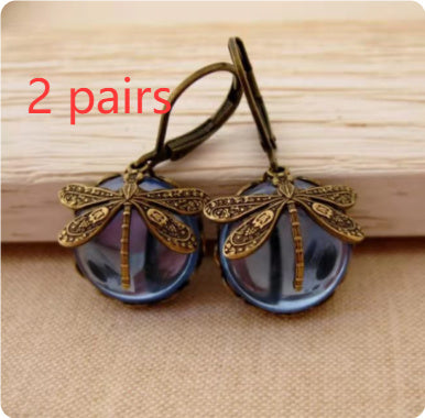 Vintage Dragonfly Earrings Fashion Gold Color Metal Carving Pattern Inlaid Multicolour Moonstone Drop Earrings For Women